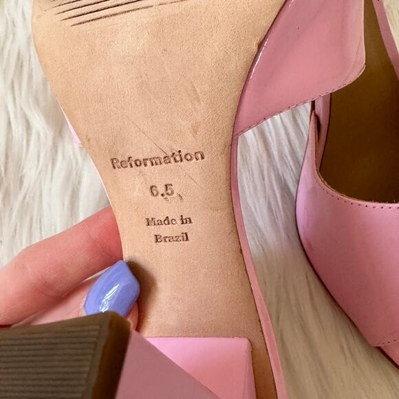 REFORMATION Georgi Block Heel Sandal Patent Leather Square Toe Mule, Pop Pink - Picture 11 of 11